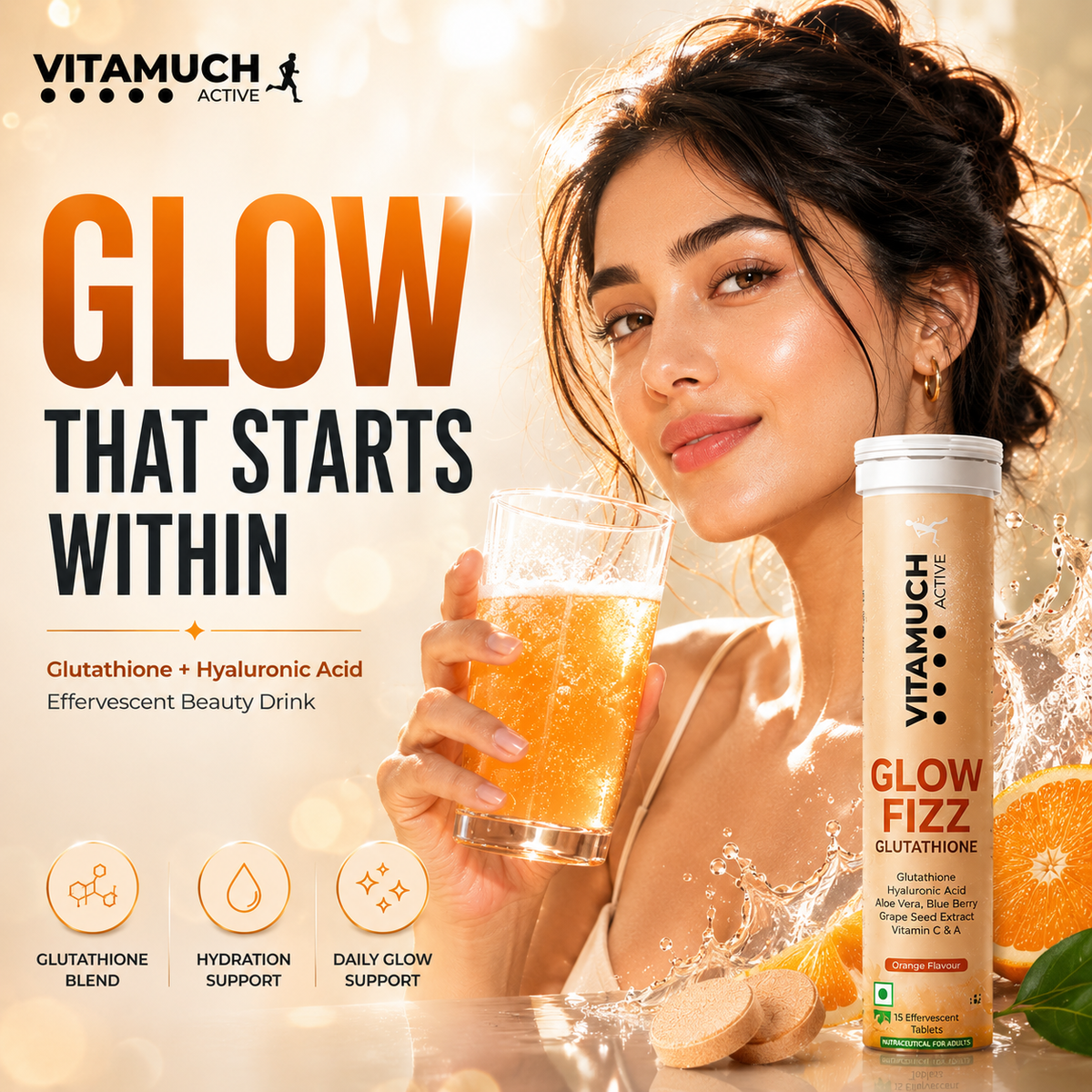 Vitamuch Glutathione Effervescent Tablets for Skin Glow & Brightening | With Vitamin C, Collagen Support & Antioxidants | Active Glow Fizz | 15 Tablets