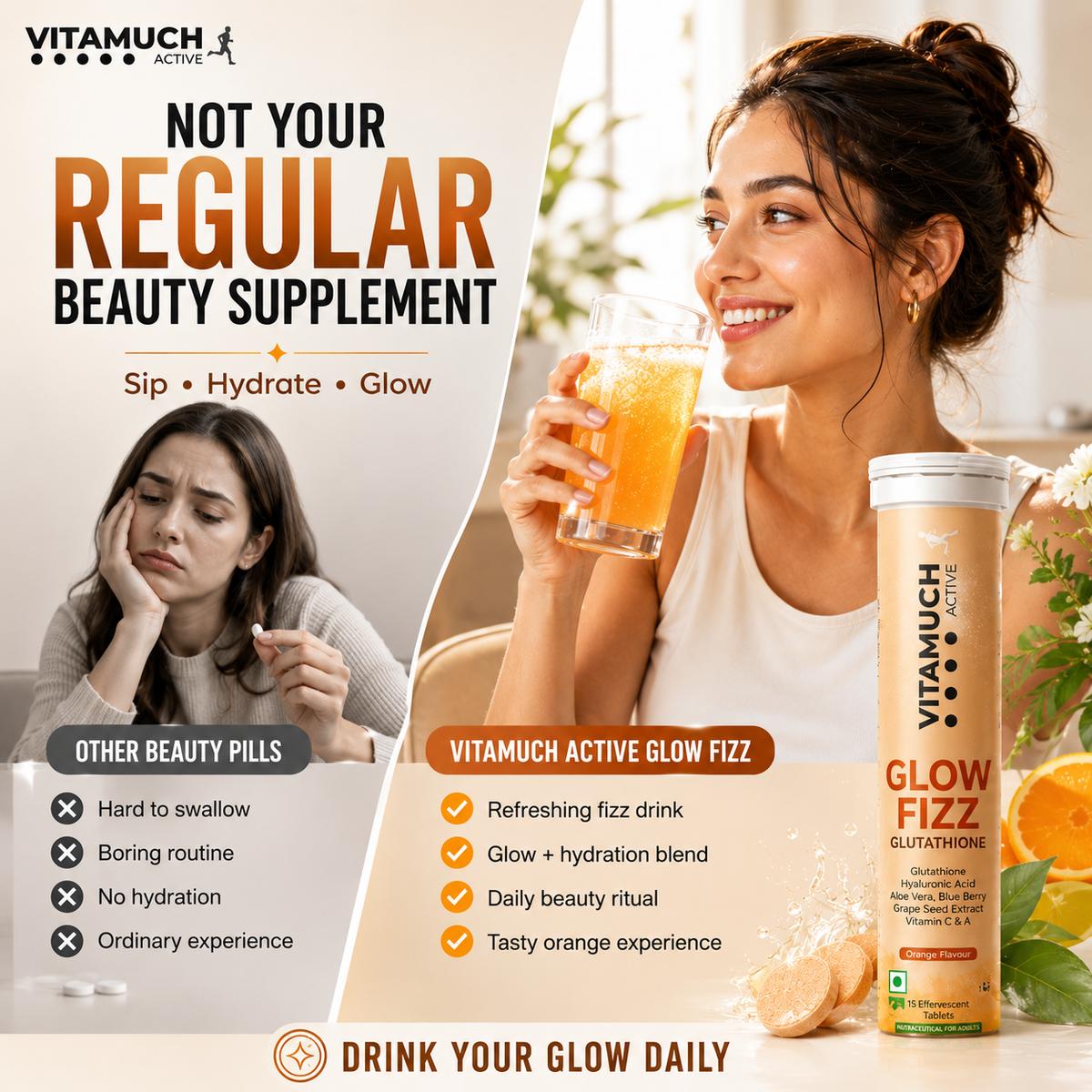 Vitamuch Glutathione Effervescent Tablets for Skin Glow & Brightening | With Vitamin C, Collagen Support & Antioxidants | Active Glow Fizz | 15 Tablets