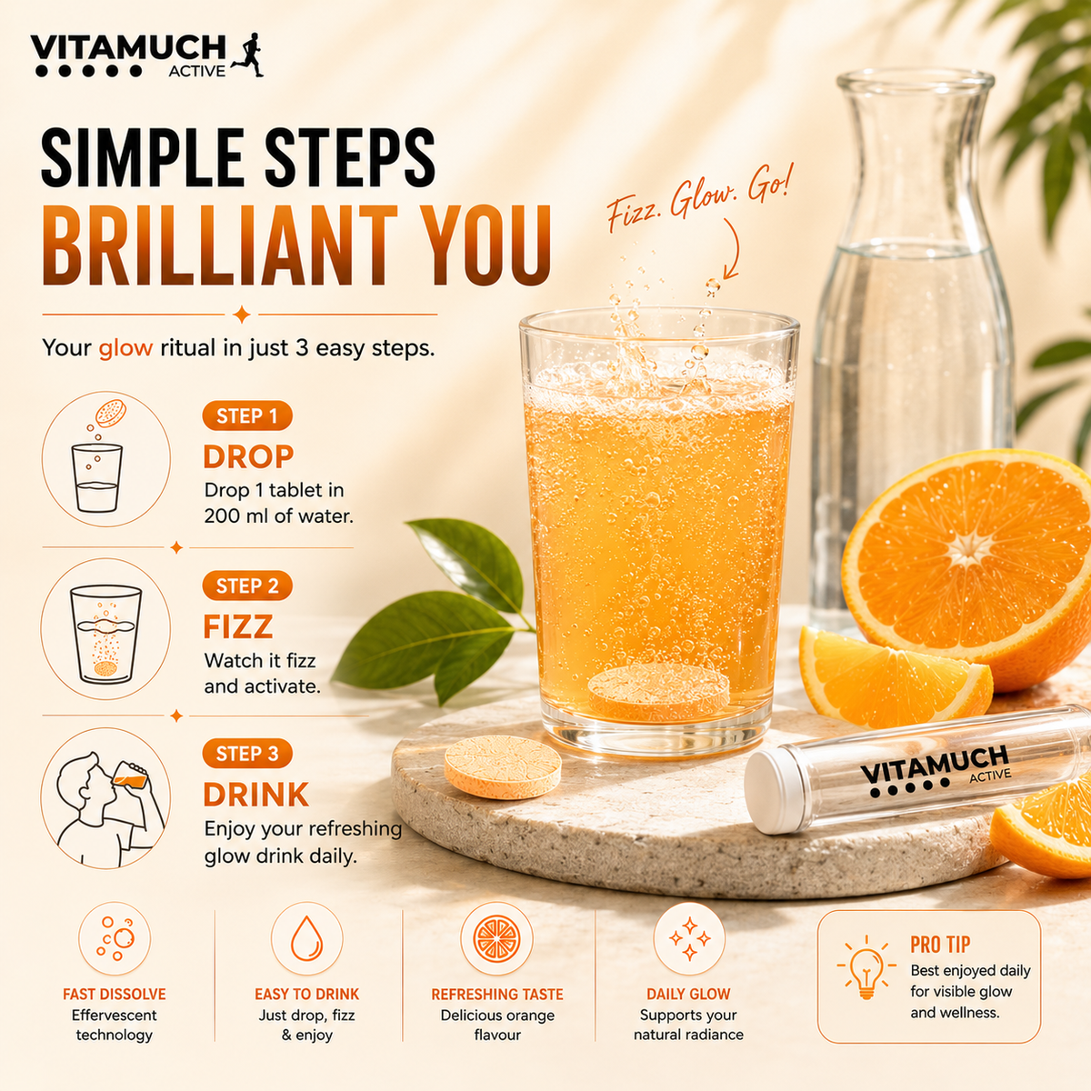 Vitamuch Glutathione Effervescent Tablets for Skin Glow & Brightening | With Vitamin C, Collagen Support & Antioxidants | Active Glow Fizz | 15 Tablets
