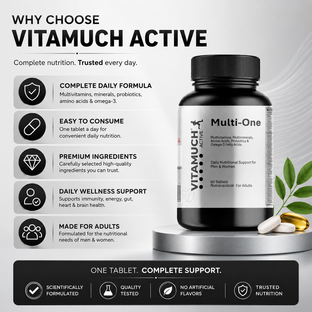 Vitamuch Multi-One Multivitamin, Multimineral Tablets With Omega 3, Amino Acids & Probiotics For Men & Women