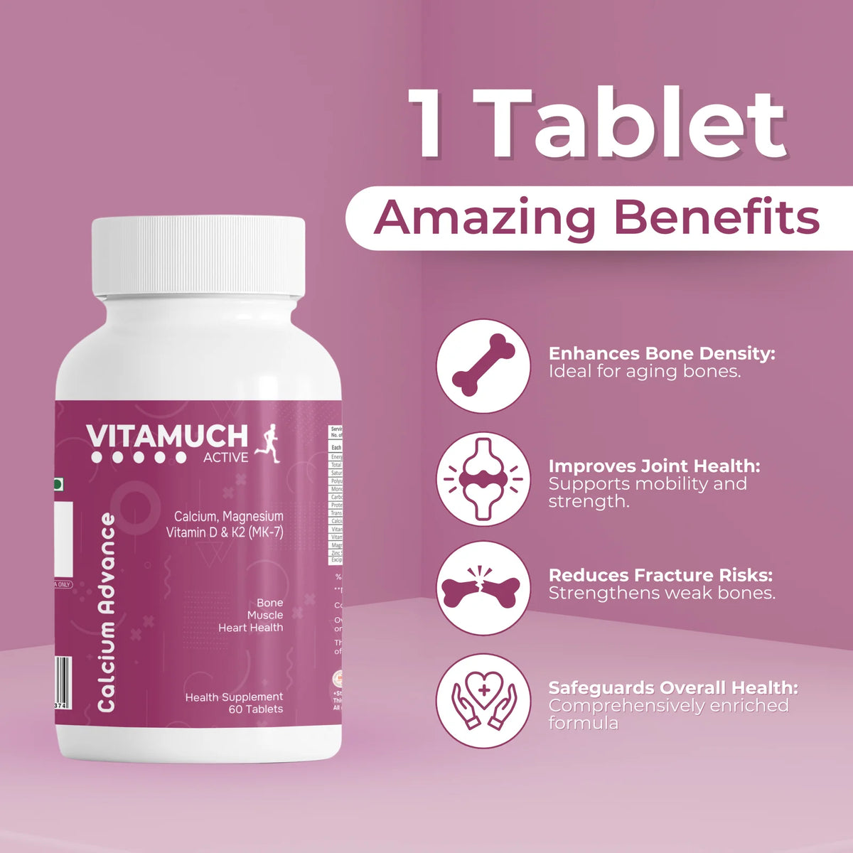 Vitamuch Calcium Advance Tablets | Calcium 700mg + Vitamin K2-7 + Vitamin D2 + Magnesium + Zinc | Bone Strength, Joint Support & Muscle Health Supplement