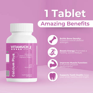 Vitamuch Calcium Plus Tablets | Calcium 700mg + Vitamin D2 + B12 + Magnesium + Zinc + Omega 3 + Boron | Bone, Joint, Heart & Nerve Health Supplement