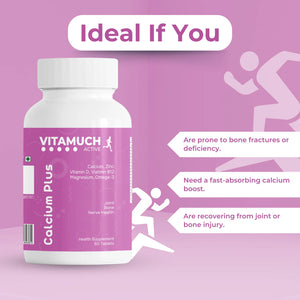 Vitamuch Calcium Plus Tablets | Calcium 700mg + Vitamin D2 + B12 + Magnesium + Zinc + Omega 3 + Boron | Bone, Joint, Heart & Nerve Health Supplement