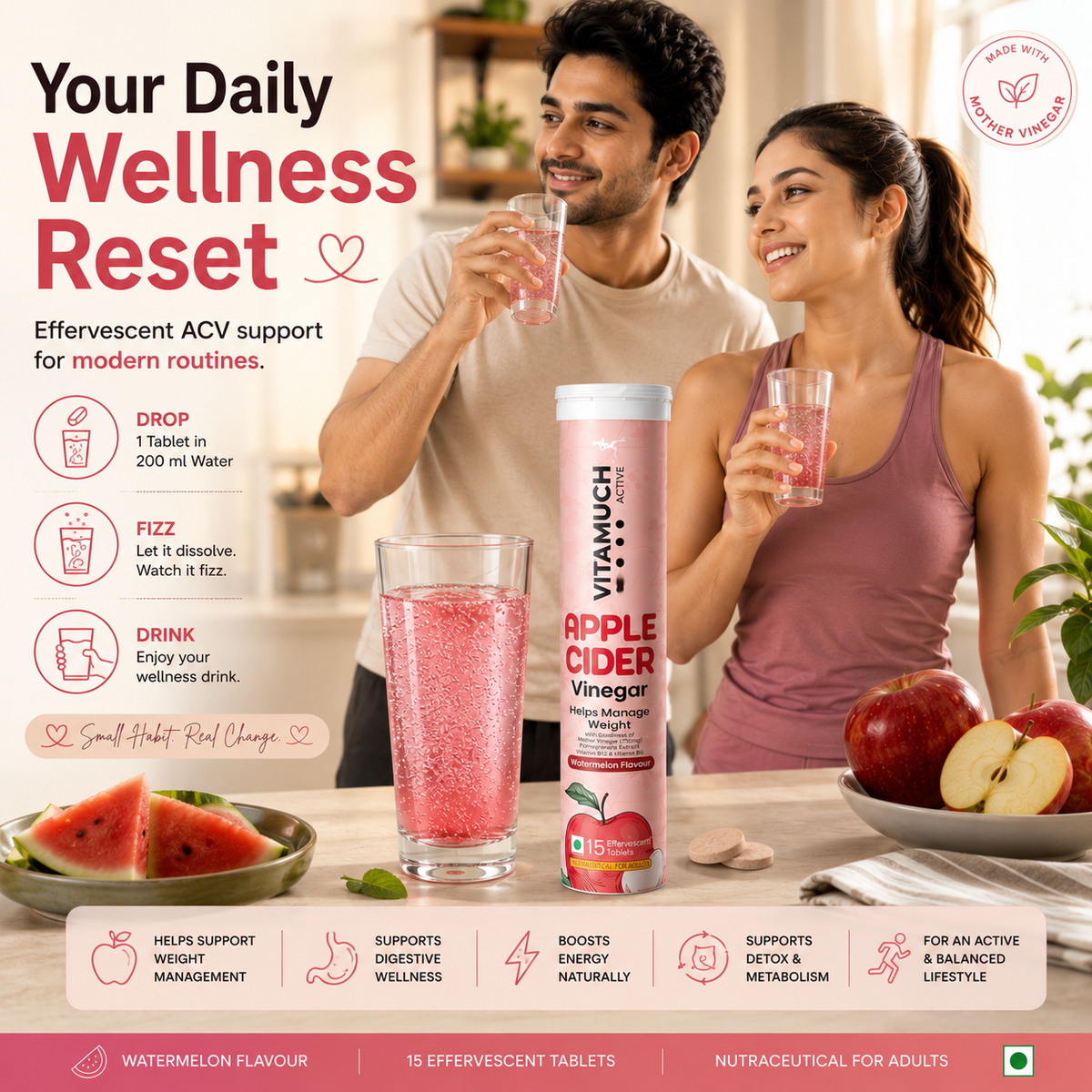 Vitamuch Apple Cider Vinegar Effervescent Tablets | Weight Loss, Metabolism & Gut Health | Watermelon Flavour | 15 Tabs