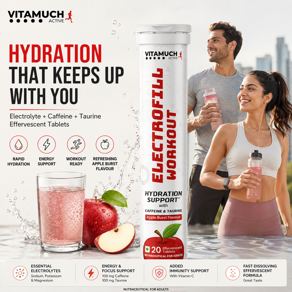 Vitamuch Electrofill Pre & Post Workout Electrolyte Effervescent | Energy, Muscle Recovery & Endurance | 20 Tabs