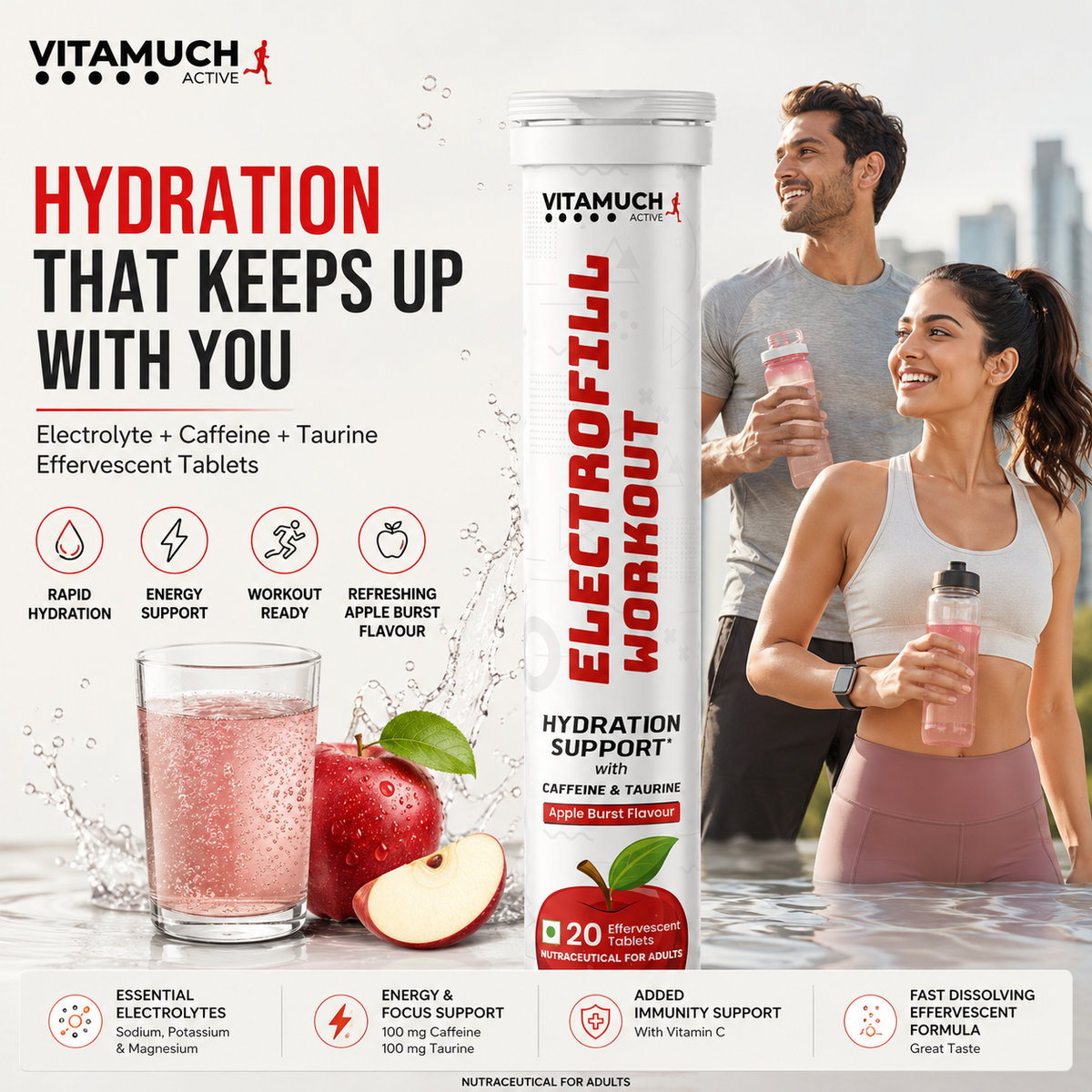 Vitamuch Electrofill Pre & Post Workout Electrolyte Effervescent | Energy, Muscle Recovery & Endurance | 20 Tabs