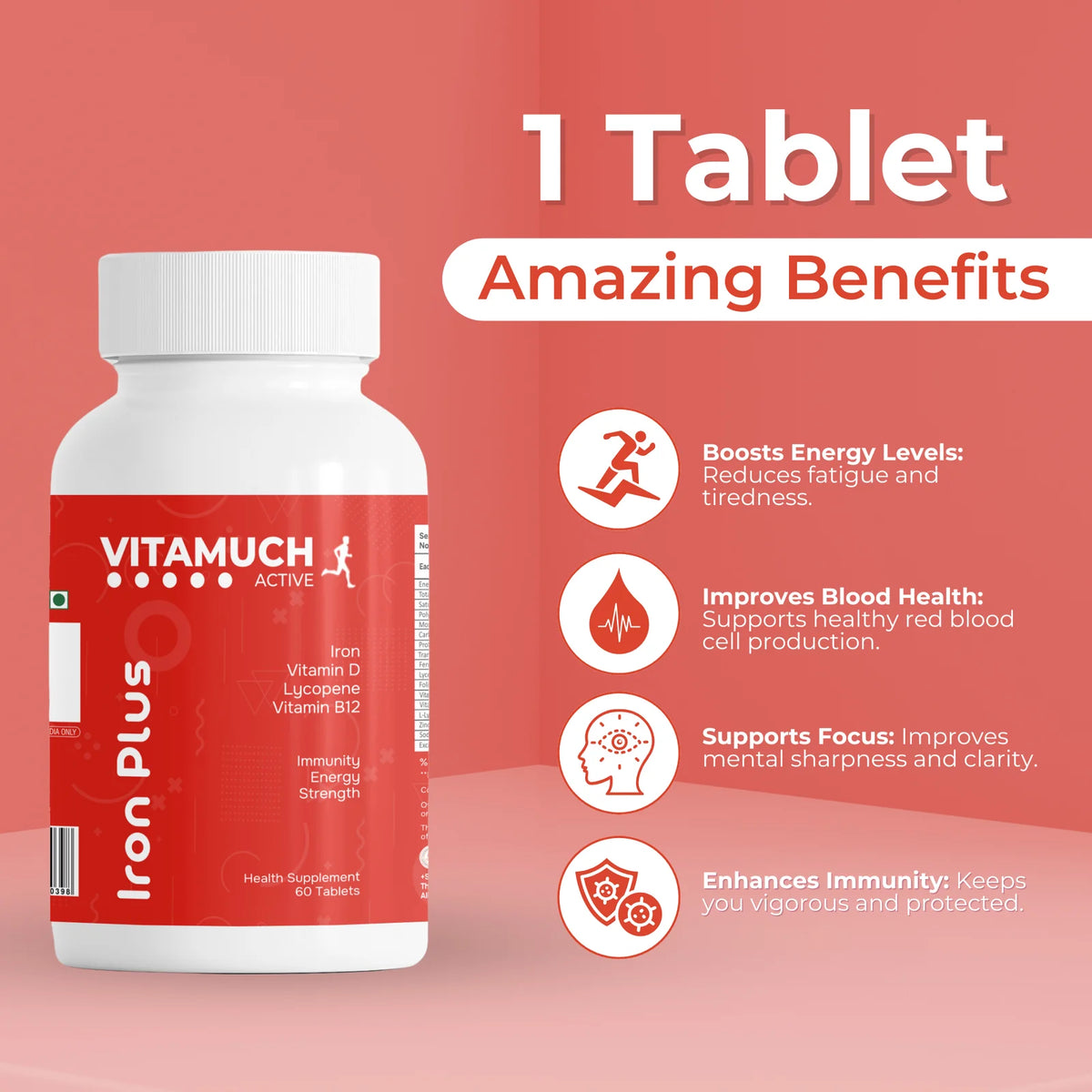 Vitamuch Iron Plus Tablets | Ferrous Fumarate + Folic Acid + Vitamin B12 + Lycopene + Zinc & Selenium | Hemoglobin, Energy & Immunity Support Supplement