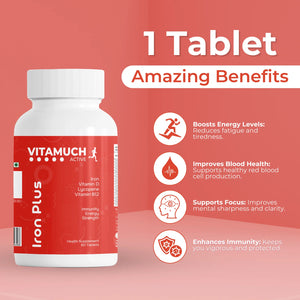Vitamuch Iron Plus Tablets | Ferrous Fumarate + Folic Acid + Vitamin B12 + Lycopene + Zinc & Selenium | Hemoglobin, Energy & Immunity Support Supplement