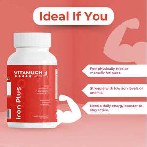 Vitamuch Iron Plus Tablets | Ferrous Fumarate + Folic Acid + Vitamin B12 + Lycopene + Zinc & Selenium | Hemoglobin, Energy & Immunity Support Supplement