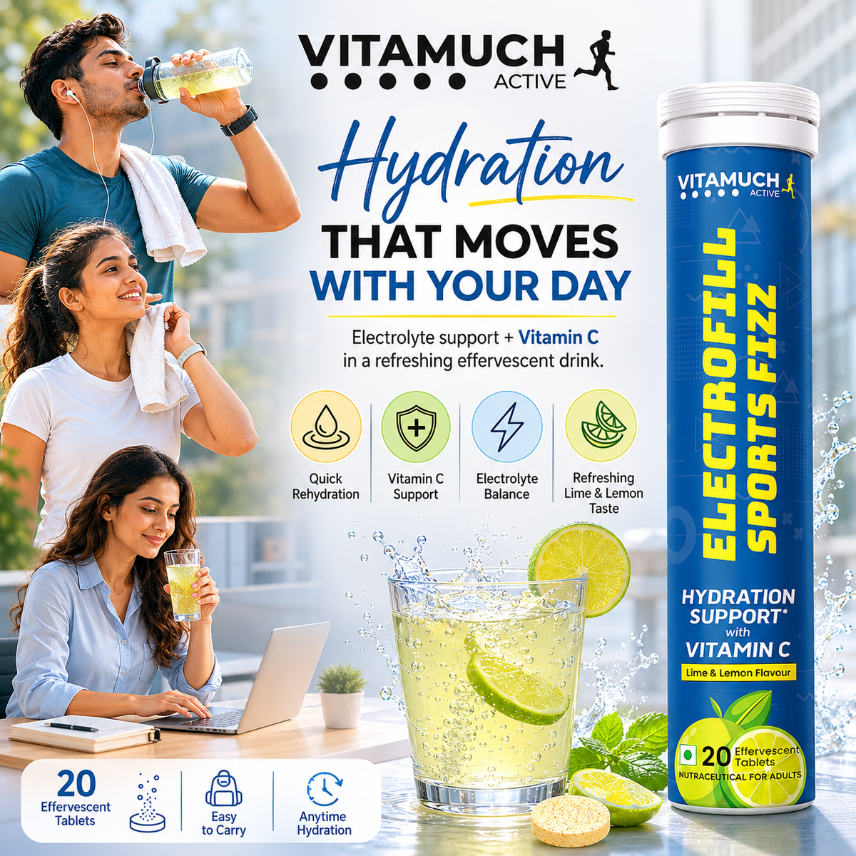 Vitamuch Electrofill Sports Electrolyte Effervescent Tablets | Hydration, Stamina & Recovery for Athletes | Zero Sugar | 20 Tabs