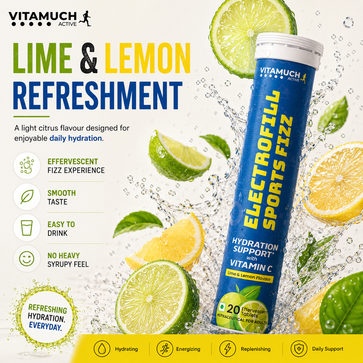 Vitamuch Electrofill Sports Electrolyte Effervescent Tablets | Hydration, Stamina & Recovery for Athletes | Zero Sugar | 20 Tabs