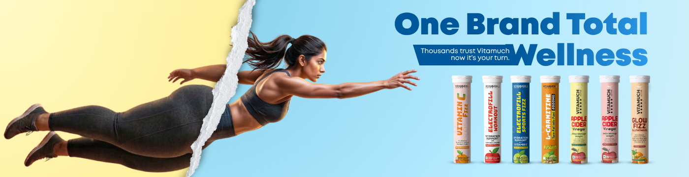 Woman running with a colorful supplement bottle display on a blue background